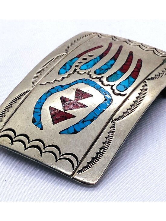 Southwest Signed Sterling Silver Turquoise Shell Inlay Buckle